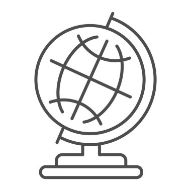 Üzerinde meridyenlerin bulunduğu dünya ayakta durduğu ince çizgi ikonu, eğitim kavramı, beyaz arka planda toprak küre vektör işareti, mobil konsept ve web tasarımı için taslak tarzı ikonu. Vektör grafikleri.