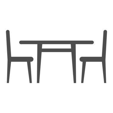 Kafe çizgisi ikonunda masa ve sandalyeler, yemek şirketi konsepti, beyaz arka planda restoran oturma vektör tabelası, mobil konsept ve web tasarımı için taslak tarzı ikon. Vektör grafikleri.