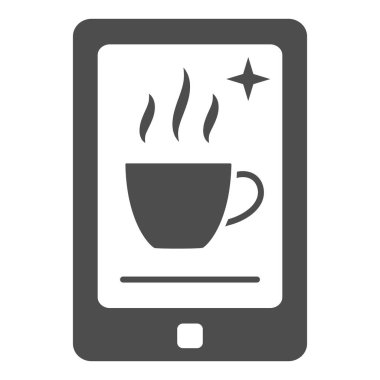 Ekranda kupa resmi olan akıllı telefon kahve uygulaması, yemek ikonu, yemek konsepti, beyaz arka planda online sipariş vektör işareti, mobil konsept ve web tasarımı için glyph tarzı simge. Vektör grafikleri.