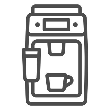 Kahve makinesi, fincan ve süt köpürtme hattı ikonu, elektronik konsept, beyaz arka planda espresso makinesi vektör işareti, mobil konsept ve web tasarımı için taslak tarzı ikon. Vektör grafikleri.
