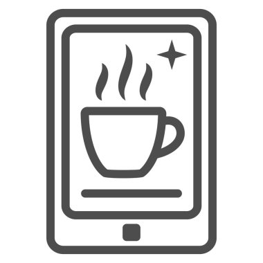 Ekran satırı simgesinde fincanı olan akıllı telefon kahve uygulaması, yemek servisi konsepti, beyaz arka planda online sipariş vektör işareti, mobil konsept ve web tasarımı için taslak biçimi simgesi. Vektör grafikleri.