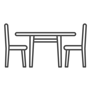 Kafe ince çizgi ikonunda masa ve sandalyeler, yemek şirketi konsepti, beyaz arka planda restoran oturma vektör tabelası, mobil konsept ve web tasarımı için taslak tarzı ikon. Vektör grafikleri.