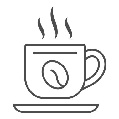 Kahve çekirdekli fincan tabağı ve ince çizgi ikonu, yemek şirketi konsepti, beyaz arka planda kupa vektör işareti, mobil konsept ve web tasarımı için tasarım tasarımı için taslak tarzı simge. Vektör grafikleri.