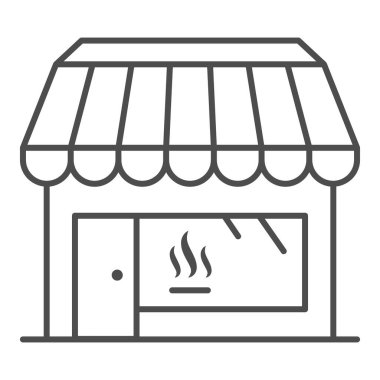 Kapısı ve geniş pencere çizgisi ikonu olan kahve dükkanı, yemek şirketi konsepti, beyaz arka planda kafe vektör tabelası, mobil konsept ve web tasarımı için taslak tarzı ikonu. Vektör grafikleri.