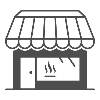 Kapısı ve büyük cam simgesi olan kahve dükkanı, yemek şirketi konsepti, beyaz arka planda kafe vektör tabelası, mobil konsept ve web tasarımı için sembol. Vektör grafikleri.