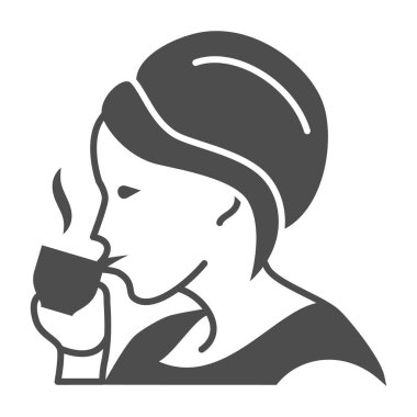 Kadınlar sıcak kahve, fincan ve sigara içerler, katı ikon, yemek şirketi konsepti, beyaz arka planda espresso vektör işareti, mobil konsept ve web tasarımı için glyph tarzı simge. Vektör grafikleri.