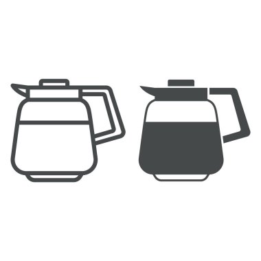 Bir sürahi kahve ve sağlam bir ikon, yemek şirketi konsepti, beyaz arka planda cam kahve fincanı vektör işareti, mobil konsept ve web tasarımı için taslak tarzı ikon. Vektör grafikleri.