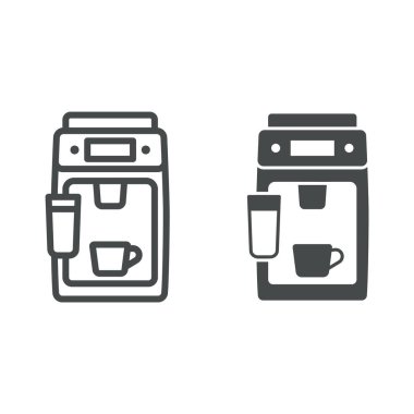 Kahve makinesi, bardak ve süt köpürtme hattı ve katı ikon, elektronik konsept, beyaz arka planda espresso makinesi vektör işareti, mobil konsept ve web tasarımı için taslak tarzı ikon. Vektör grafikleri.