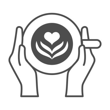 Ellerinde kalp resmi olan bir fincan kahve, yemek şirketi konsepti, beyaz arka planda latte vektör işareti, mobil konsept ve web tasarımı için glyph tarzı simge. Vektör grafikleri.