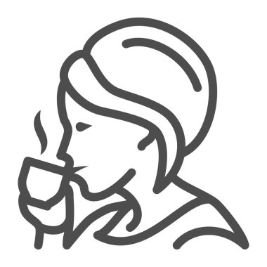 Kadınlar sıcak kahve, fincan ve duman hattı ikonu, yemek şirketi konsepti, beyaz arka planda espresso vektör tabelası, mobil konsept ve web tasarımı için taslak tarzı ikonu içer. Vektör grafikleri.