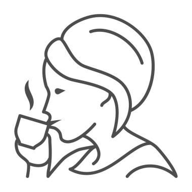 Kadın sıcak kahve, fincan ve sigara içen ince çizgi ikonu, yemek şirketi konsepti, beyaz arka planda espresso vektör tabelası, mobil konsept ve web tasarımı için taslak tarzı ikon içer. Vektör grafikleri.