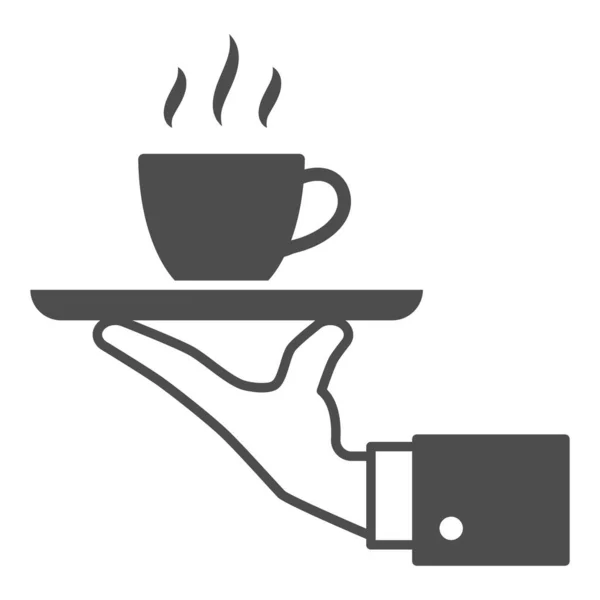 Xícara de café quente na bandeja e mão ícone sólido, conceito de negócio de catering, sinal de vetor de serviço no fundo branco, ícone de estilo de glifo para o conceito móvel e web design. Gráficos vetoriais. —  Vetores de Stock