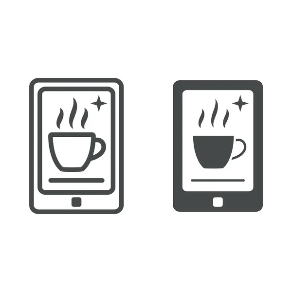 Smartphone coffee app with cup on screen line and solid icon, catering concept, online order vector sign on white background, outline style icon for mobile concept and web design. Vector graphics. — Stock Vector