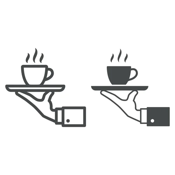 Tazza di caffè caldo su vassoio e linea a mano e icona solida, concetto di business catering, segno vettore di servizio su sfondo bianco, icona di stile di contorno per il concetto di mobile e web design. Grafica vettoriale. — Vettoriale Stock