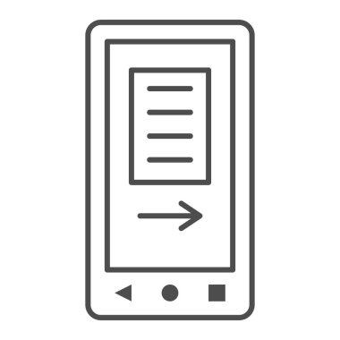 Akıllı telefon ekranı metin ve ok ince satır simgesi, elektronik konsept, beyaz arkaplanda mobil uygulama vektör işareti, mobil konsept ve web tasarımı için taslak biçimi simgesi. Vektör grafikleri.