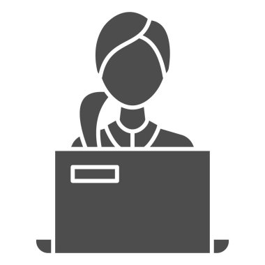 Kadın, bilgisayar üzerinde çalışan öğrenci katı ikon, eğitim kavramı, beyaz arka planda vektör işaretinin arkasındaki kız, mobil konsept ve web tasarımı için kabartma tarzı ikon. Vektör grafikleri.