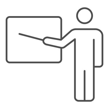 Öğretmenler ince çizgi simgesi, eğitim konsepti, beyaz arkaplanda işaretçi vektör işareti olan profesör, mobil konsept ve web tasarımı için taslak tarzı simge üzerinde malzeme gösterirler. Vektör grafikleri.