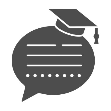 Konuşma balonu ve mezuniyet başlığı katı ikonu, eğitim kavramı, beyaz arka planda iletişim çalışması vektör işareti, mobil konsept ve web tasarımı için glyph tarzı simge. Vektör grafikleri.