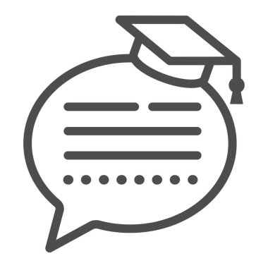 Konuşma balonu ve mezuniyet başlığı simgesi, eğitim kavramı, beyaz arka planda iletişim çalışması vektör işareti, mobil konsept ve web tasarımı için taslak tarzı simgesi. Vektör grafikleri.