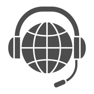 Dünya, kulaklık, mikrofon, katı ikon, iletişim konsepti, beyaz arka planda dünya çapında vektör işareti, mobil konsept ve web tasarımı için kabartma tarzı simge. Vektör grafikleri.