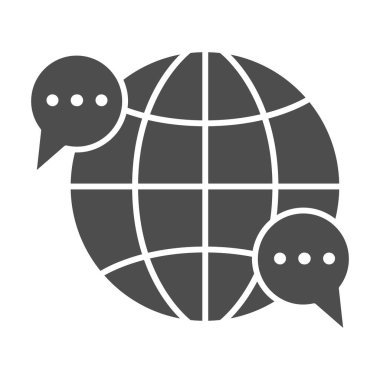 Dünya, konuşma balonu, diyalog katı ikonu, iletişim konsepti, beyaz arka planda dünya çapında vektör işareti, mobil konsept ve web tasarımı için kabartma tarzı simge. Vektör grafikleri.