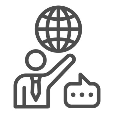 İnsan, dünya ve konuşma balonu, öğretmen çizgisi ikonu, iletişim konsepti, beyaz arka planda uluslararası vektör işareti, mobil konsept ve web tasarımı için taslak tarzı ikonu. Vektör grafikleri.