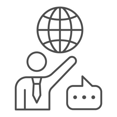 İnsan, dünya ve konuşma balonu, öğretmen ince çizgi ikonu, iletişim konsepti, beyaz arka planda uluslararası vektör işareti, mobil konsept ve web tasarımı için taslak tarzı ikonu. Vektör grafikleri.