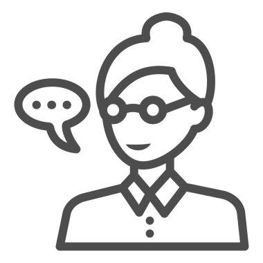 Öğretmen, gözlüklü kadın, konuşma balonu çizgisi ikonu, eğitim konsepti, beyaz arka planda profesör vektör işareti, mobil konsept ve web tasarımı için taslak tarzı ikonu. Vektör grafikleri.