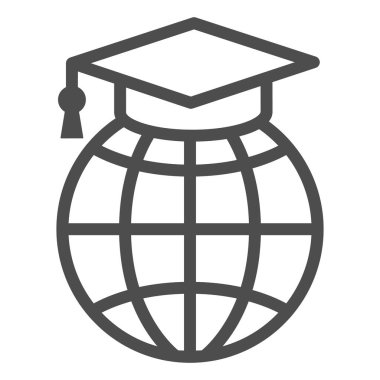 Dünya, garduation cap line ikonu, eğitim konsepti, beyaz arka planda iletişim çalışması vektör işareti, mobil konsept ve web tasarımı için taslak stil ikonu. Vektör grafikleri.