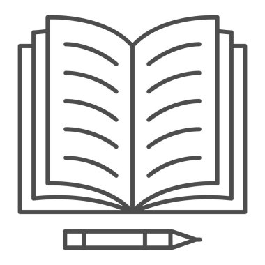 Açık defter ve kalem ince satır simgesi, eğitim kavramı, beyaz arkaplan üzerinde kopya kitabı ve kalem vektör işareti, mobil konsept ve web tasarımı için taslak biçimi simgesi. Vektör grafikleri.