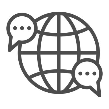Dünya, dünya, konuşma balonu, diyalog hattı ikonu, iletişim konsepti, beyaz arka planda dünya çapında vektör işareti, mobil konsept ve web tasarımı için taslak tarzı ikonu. Vektör grafikleri.