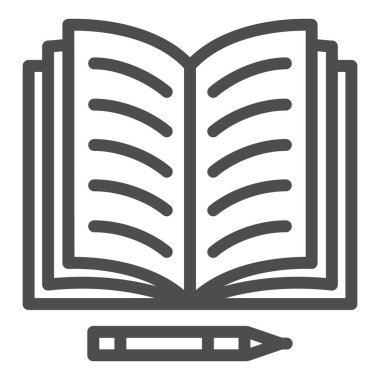 Açık defter ve kalem satırı simgesi, eğitim kavramı, beyaz arkaplan üzerinde kopya kitabı ve kalem vektör işareti, mobil konsept ve web tasarımı için taslak biçimi simgesi. Vektör grafikleri.