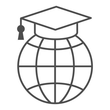 Dünya, garduation cap ince çizgi ikonu, eğitim konsepti, beyaz arka planda iletişim çalışması vektör işareti, mobil konsept ve web tasarımı için taslak stil ikonu. Vektör grafikleri.