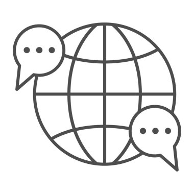 Dünya, konuşma balonu, diyalog ince çizgi ikonu, iletişim konsepti, beyaz arka planda dünya çapında vektör işareti, mobil konsept ve web tasarımı için taslak tarzı ikonu. Vektör grafikleri.