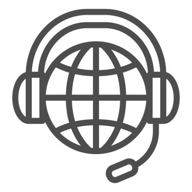 Dünya, kulaklık ve mikrofon hattı ikonu, iletişim konsepti, beyaz arka planda dünya çapında vektör işareti, mobil konsept ve web tasarımı için taslak tarzı ikonu. Vektör grafikleri.