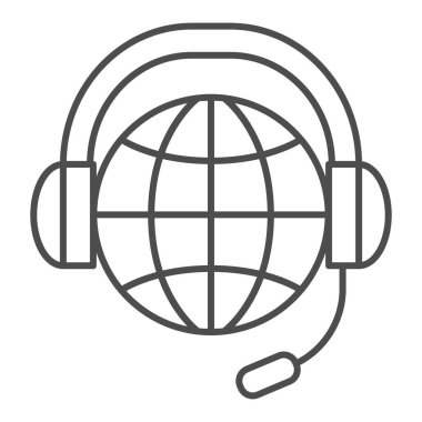 Dünya, kulaklık, mikrofon, ince çizgi ikonu, iletişim konsepti, beyaz arka planda dünya çapında vektör işareti, mobil konsept ve web tasarımı için taslak stil ikonu. Vektör grafikleri.