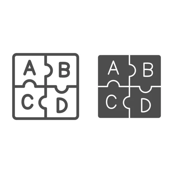 Lettres abc, ligne d'alphabet de puzzle et icône solide, concept linguistique, pièces de puzzle signe vectoriel de lettre sur fond blanc, icône de style de contour pour concept mobile et web design. Graphiques vectoriels. — Image vectorielle