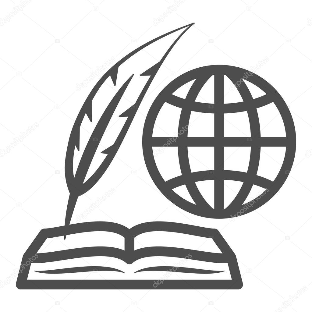 Globe, opened book and feather pen line icon, education concept, inernational studies vector sign on white background, outline style icon for mobile concept and web design. Vector graphics