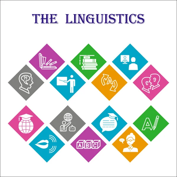 Linguística moderna Modelo de design infográfico. Educação visualização infográfica com quatorze passos de design quadrado em fundo multicolorido. Modelo de línguas estrangeiras para apresentação. — Vetor de Stock