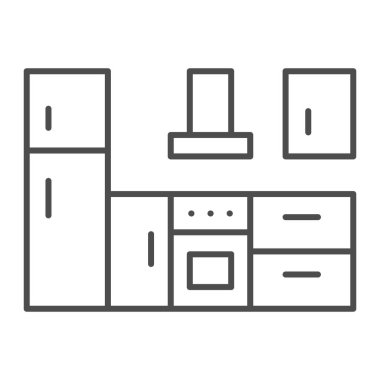 Mutfak, kiler ve fırın ve ince çizgi ikonu, iç tasarım konsepti, beyaz arka planda alet vektör işareti, mobil konsept ve web tasarımı için tasarım tasarımı için taslak tarzı simge. Vektör grafikleri.