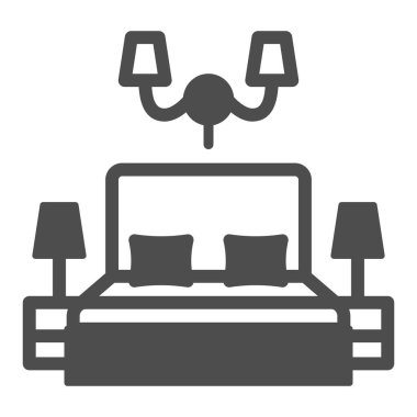 Yastıklı ve lambalı büyük yatak katı ikon, iç tasarım konsepti, beyaz arka planda yatak odası vektör ışığı, mobil konsept ve web tasarımı için kabartma tarzı simge. Vektör grafikleri.