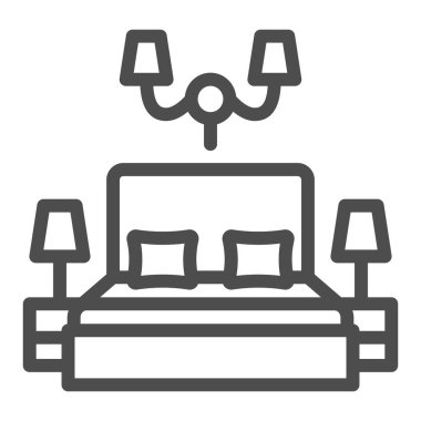 Yastık ve lamba çizgisi ikonu olan büyük bir yatak, iç tasarım konsepti, beyaz arka planda yatak odası vektör ışığı, mobil konsept ve web tasarımı için taslak tarzı ikon. Vektör grafikleri.