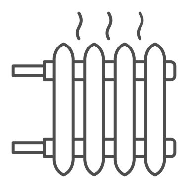 Dumanlı pil ısıtma, sıcak radyatör ince çizgi ikonu, iç tasarım konsepti, beyaz arka planda ısıtıcı vektör işareti, mobil konsept ve web tasarımı için taslak tarzı ikon. Vektör grafikleri.