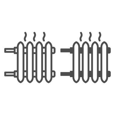 Dumanlı pil ısıtma, sıcak radyatör hattı ve katı ikon, iç tasarım konsepti, beyaz arka planda ısıtıcı vektör işareti, mobil konsept ve web tasarımı için taslak tarzı ikon. Vektör grafikleri.