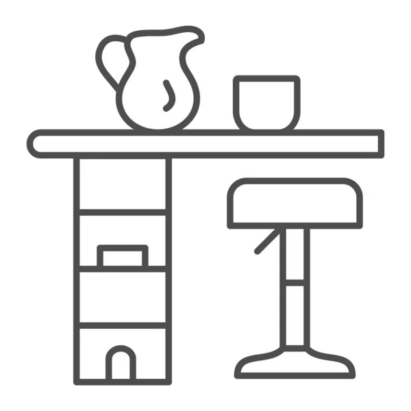 Bar räknare med pall, kopp och kruka tunn linje ikon, inredning koncept, bar bord vektor tecken på vit bakgrund, kontur stil ikon för mobil koncept och webbdesign. Vektorgrafik. — Stock vektor