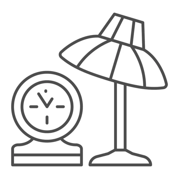 Настольная лампа и иконка тонкой линии часов, концепция дизайна интерьера, настольная лампа и векторный знак полки на белом фоне, иконка стиля контура для мобильной концепции и веб-дизайна. Векторная графика. — стоковый вектор