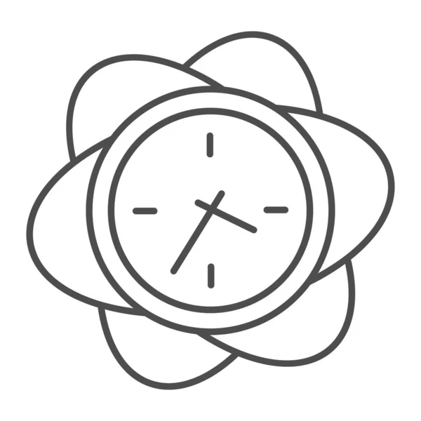 花の花びらの細い線のアイコンと時計、インテリアデザインのコンセプト、白い背景に花形の壁の時計ベクトルサイン、モバイルコンセプトとウェブデザインのためのアウトラインスタイルのアイコン。ベクトルグラフィックス. — ストックベクタ