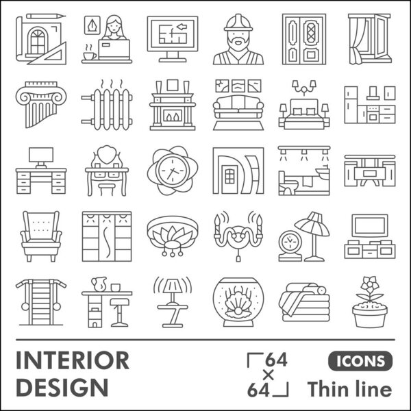 Interior design line icon set, home decoration symbols collection or sketches. Architecture thin line linear style signs for web and app. Vector graphics isolated on white background.