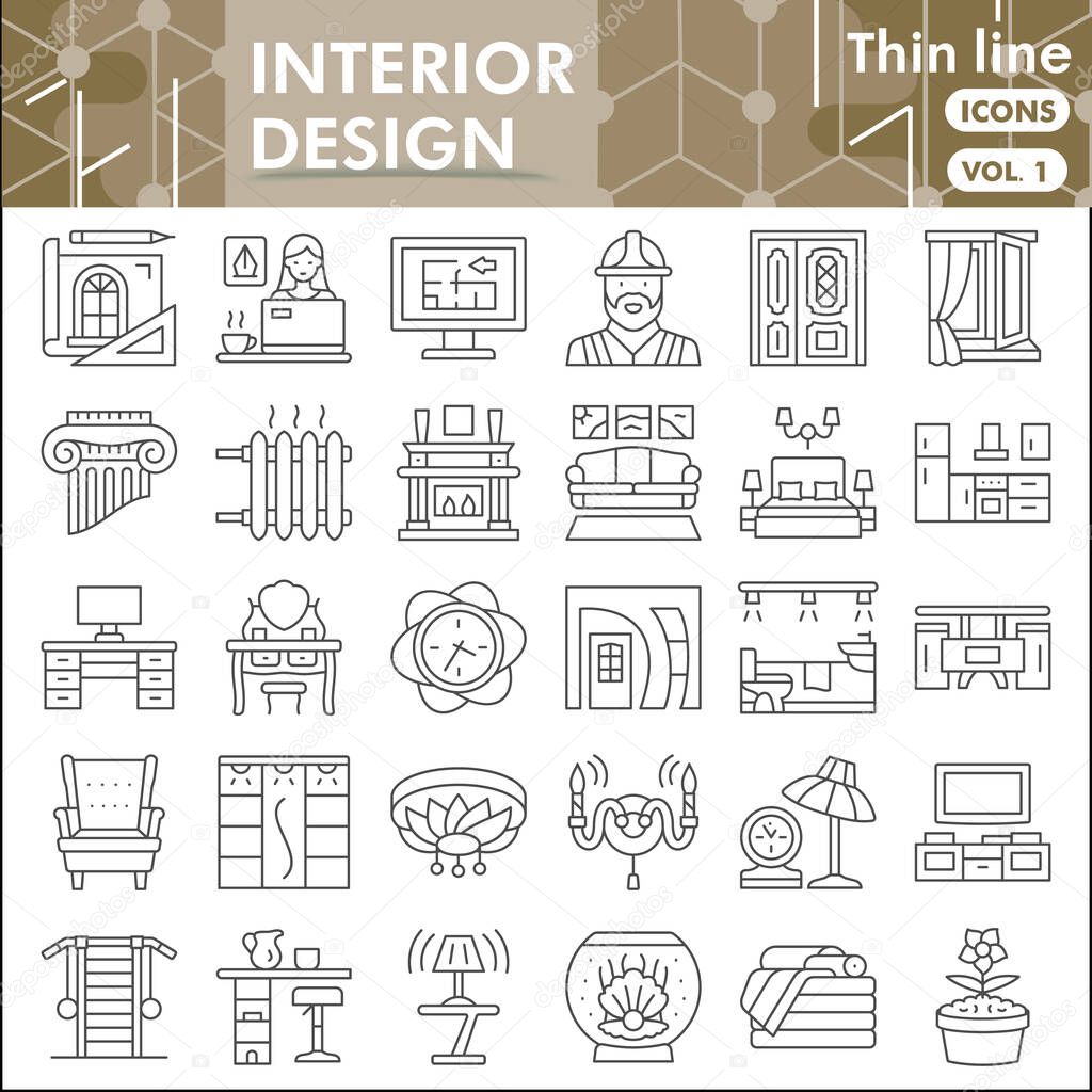 Interior design line icon set, home decoration symbols collection or sketches. Architecture thin line with headline linear style signs for web and app. Vector graphics isolated on white background.