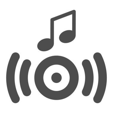 Hoparlörden müzik, ses dalgası ve nota simgesi, ses konsepti, beyaz zemin üzerinde hoparlör işareti, mobil konsept ve web tasarımı için glyph tarzı simge. Vektör grafikleri.